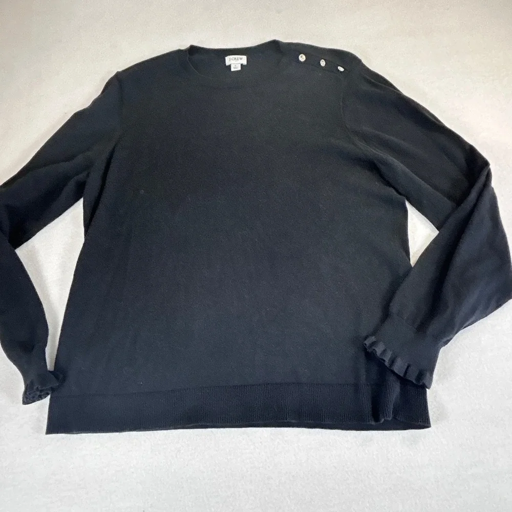 J.Crew‎ Womens Black Rhinestone Shoulder Button Ruffle Cuff Sweater Large 01741